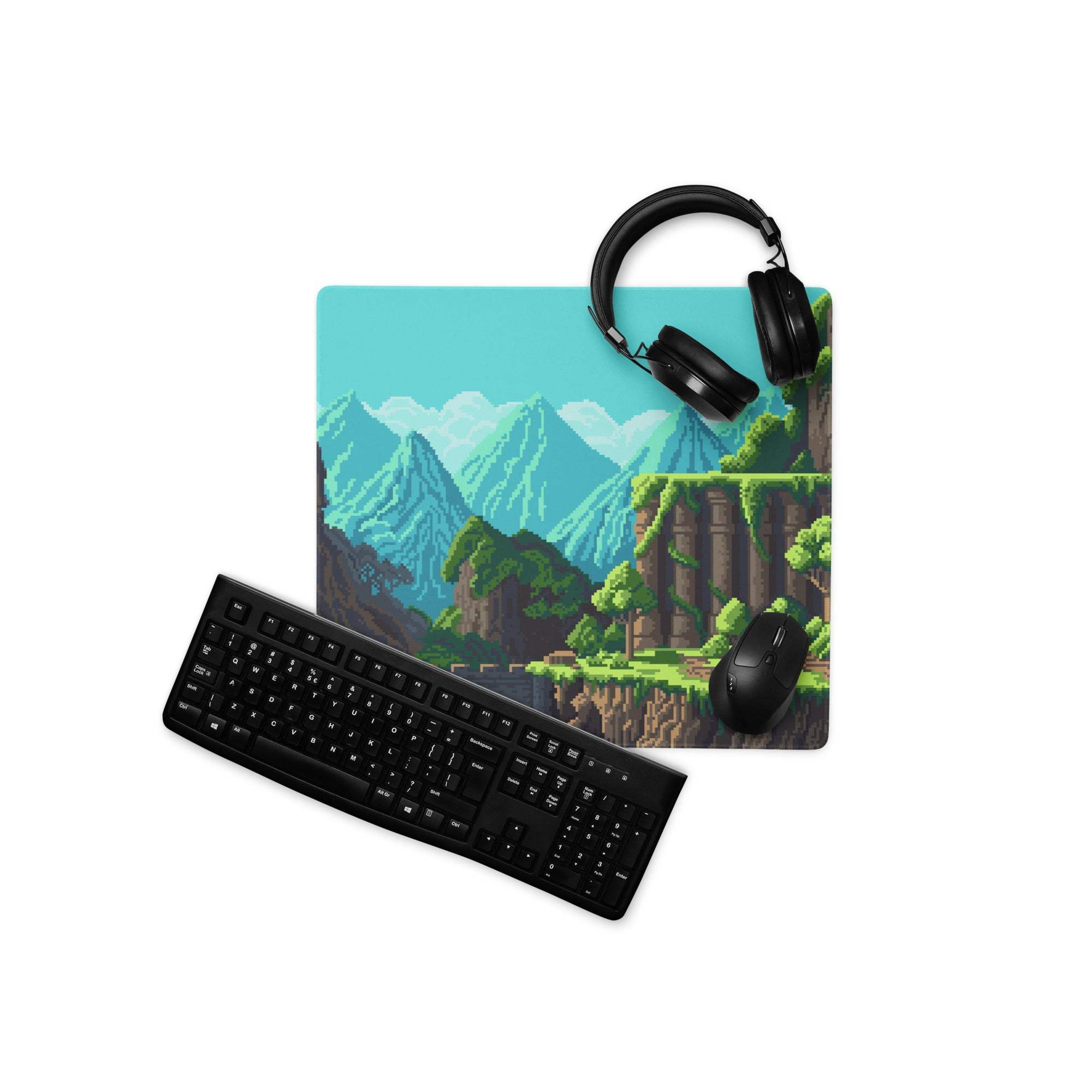 Pixel Mountain Gaming Mouse Pad - Mountain Landscape Teal Blue Gaming Desk Pixel Art Vibrant Gamer Desk Mat Pixel Art