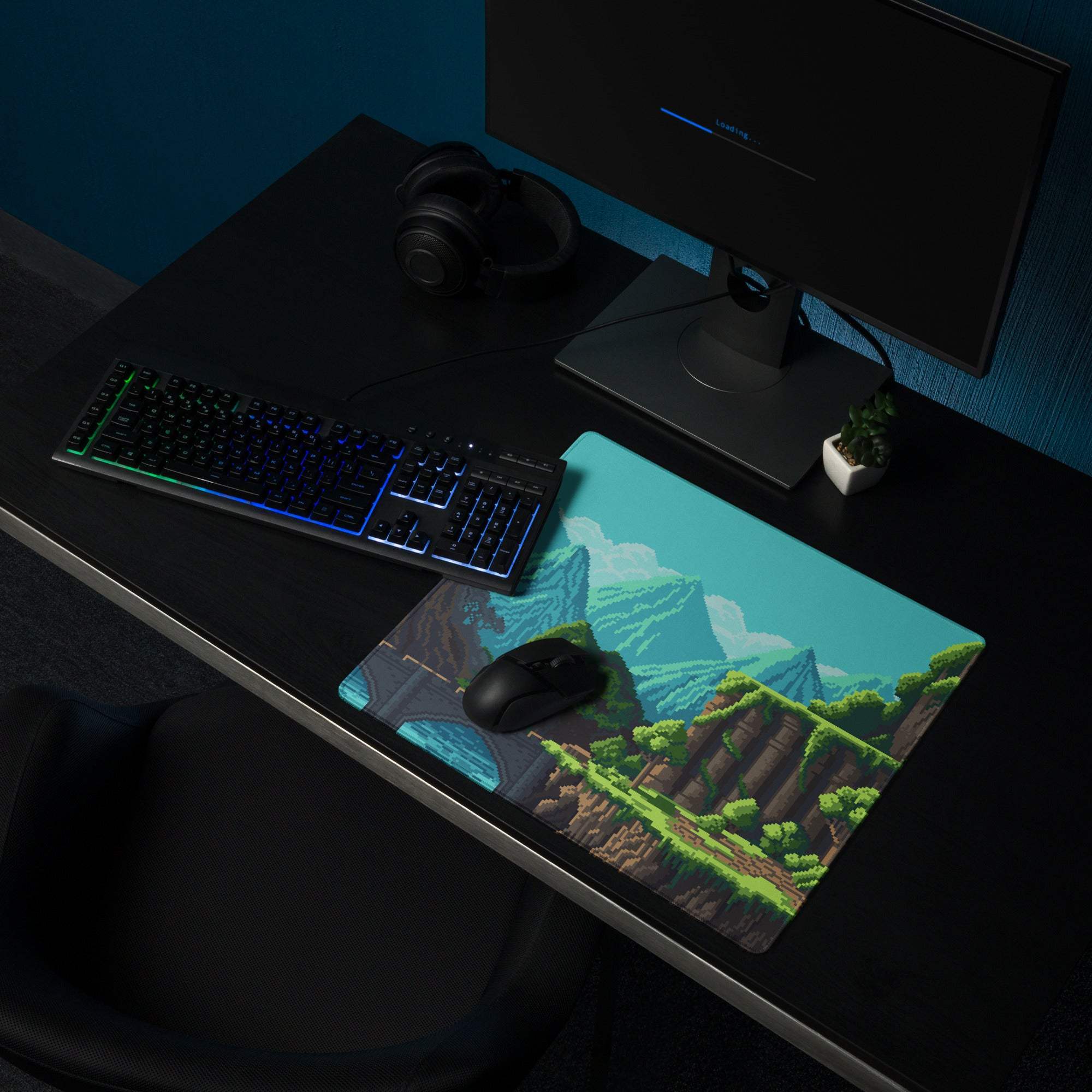 Pixel Mountain Gaming Mouse Pad - Mountain Landscape Teal Blue Gaming Desk Pixel Art Vibrant Gamer Desk Mat Pixel Art