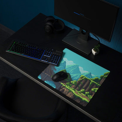 Pixel Mountain Gaming Mouse Pad - Mountain Landscape Teal Blue Gaming Desk Pixel Art Vibrant Gamer Desk Mat Pixel Art