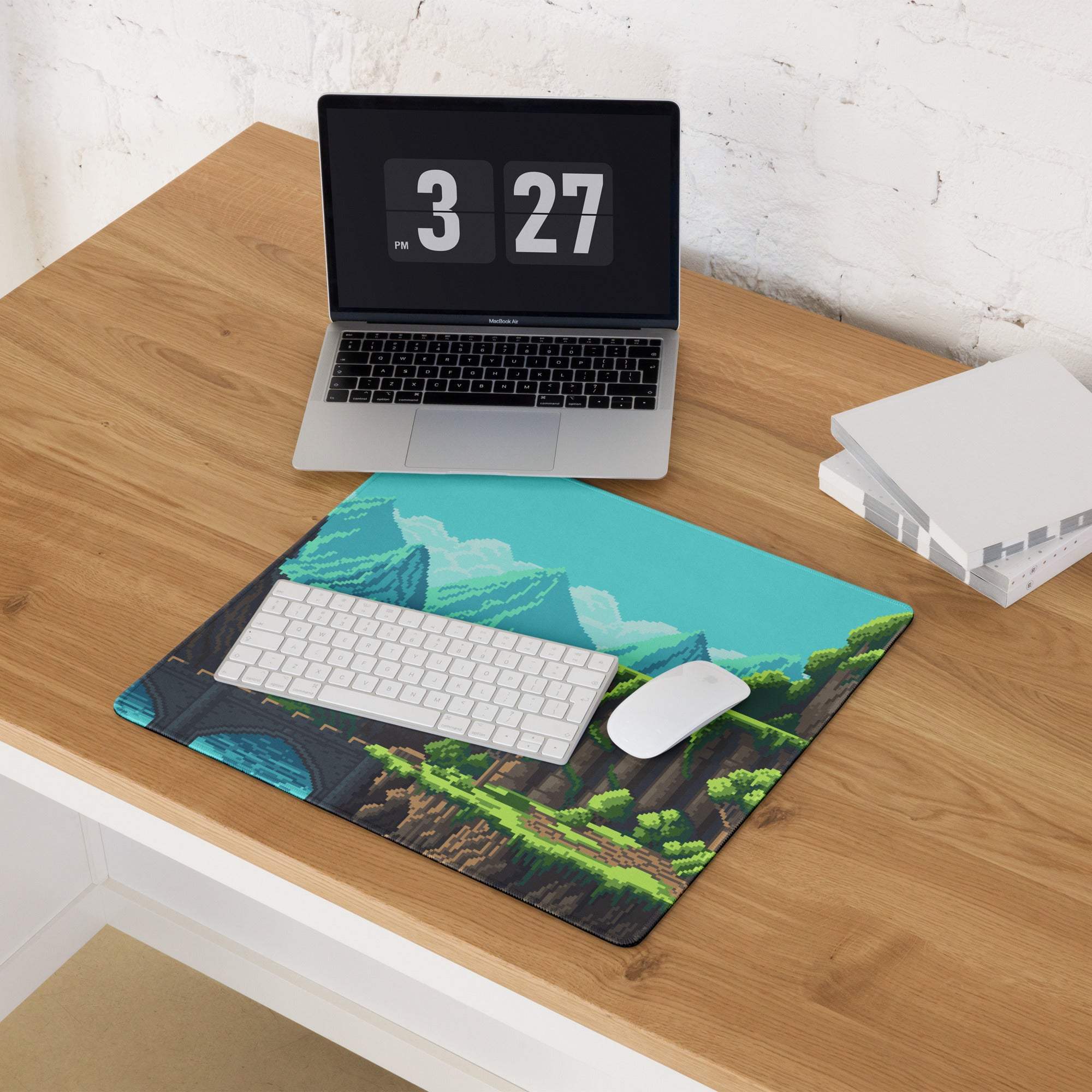 Pixel Mountain Gaming Mouse Pad - Mountain Landscape Teal Blue Gaming Desk Pixel Art Vibrant Gamer Desk Mat Pixel Art
