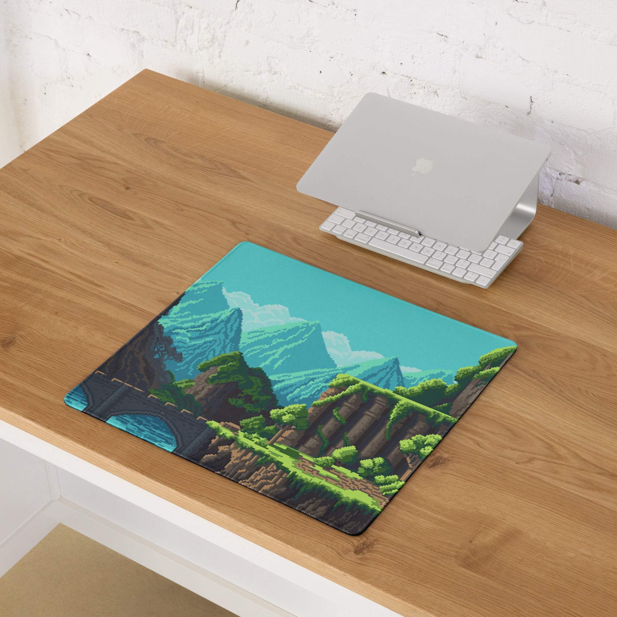 Pixel Mountain Gaming Mouse Pad - Mountain Landscape Teal Blue Gaming Desk Pixel Art Vibrant Gamer Desk Mat Pixel Art