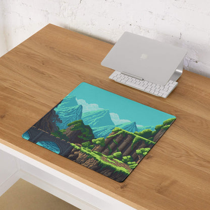Pixel Mountain Gaming Mouse Pad - Mountain Landscape Teal Blue Gaming Desk Pixel Art Vibrant Gamer Desk Mat Pixel Art