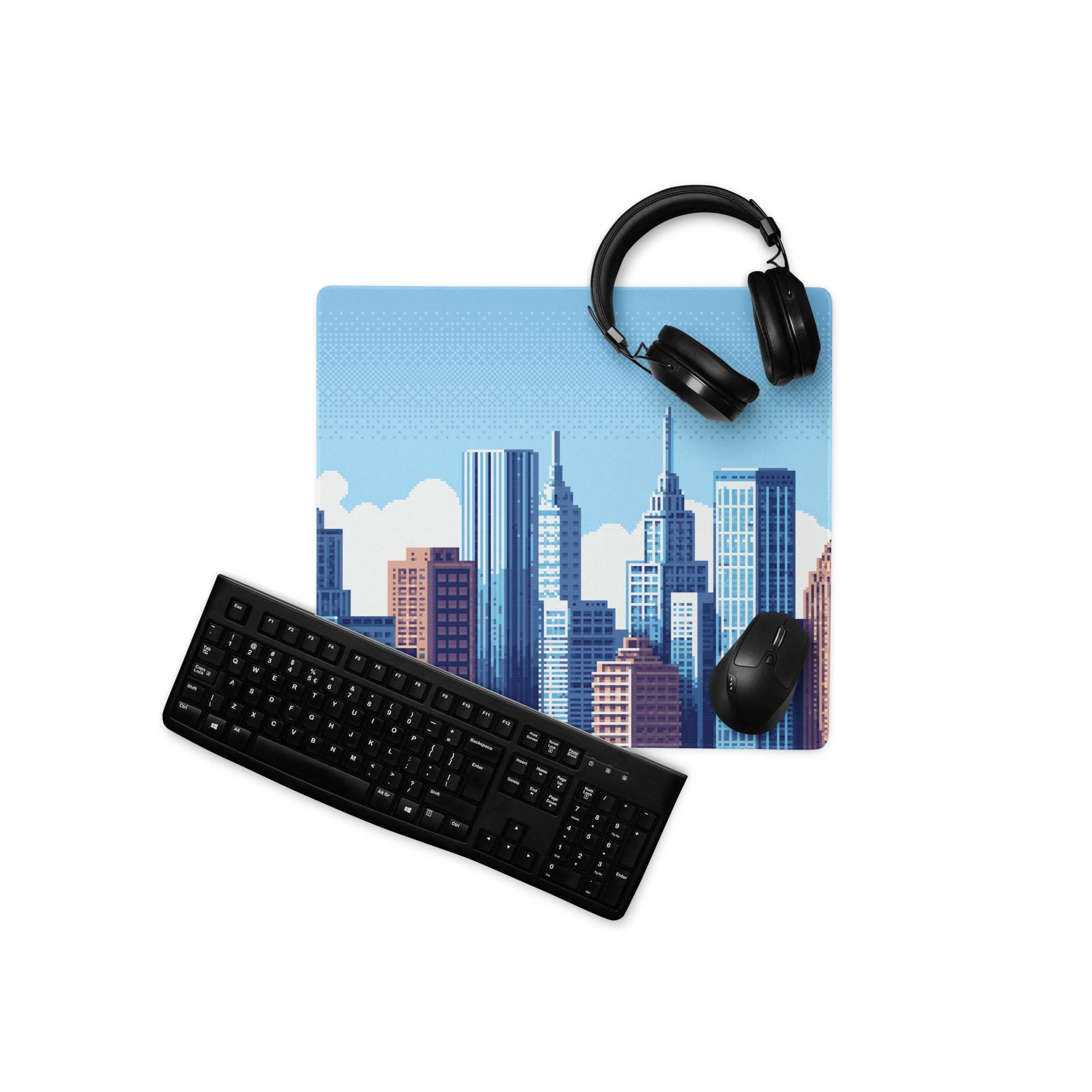 Blue City Skyline Gaming Pad - City Skyline Blue Gaming Desk Mouse Pad Minimalist Vector Calm Mood Urban Decor Print