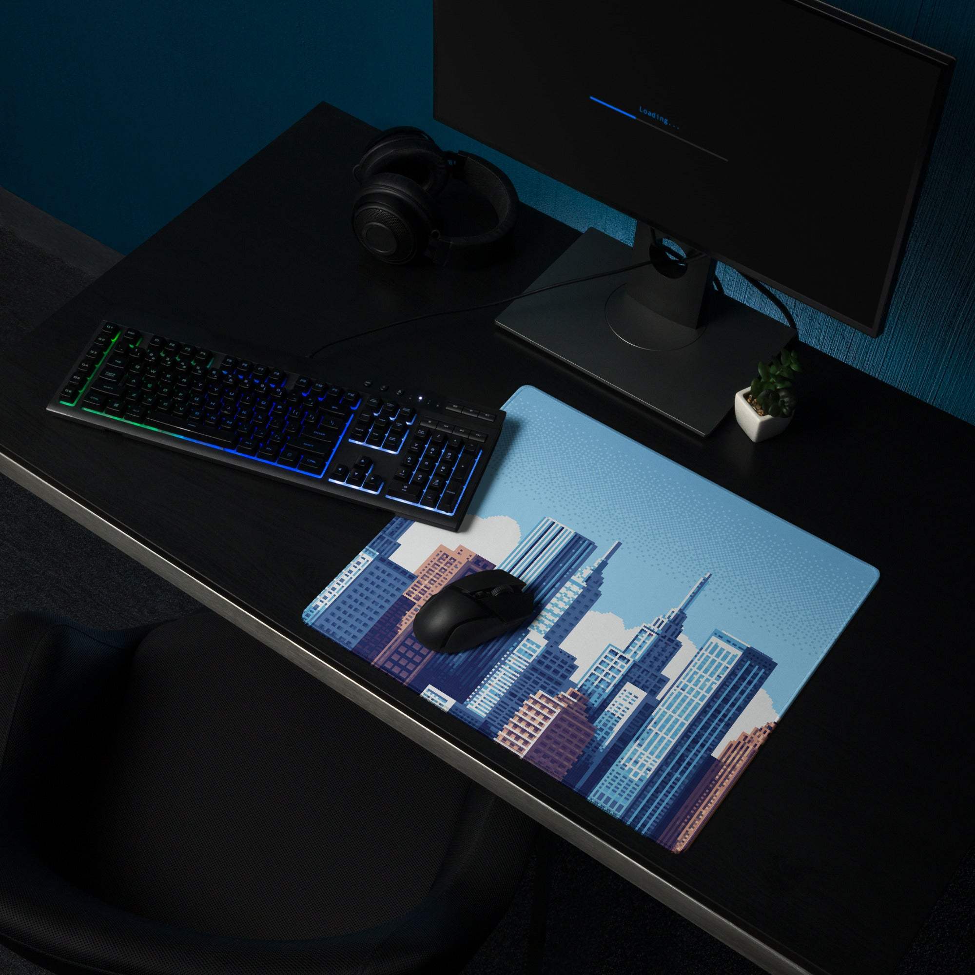 Blue City Skyline Gaming Pad - City Skyline Blue Gaming Desk Mouse Pad Minimalist Vector Calm Mood Urban Decor Print