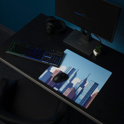 Blue City Skyline Gaming Pad - City Skyline Blue Gaming Desk Mouse Pad Minimalist Vector Calm Mood Urban Decor Print