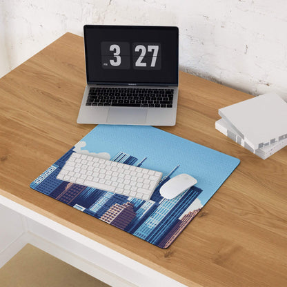 Blue City Skyline Gaming Pad - City Skyline Blue Gaming Desk Mouse Pad Minimalist Vector Calm Mood Urban Decor Print