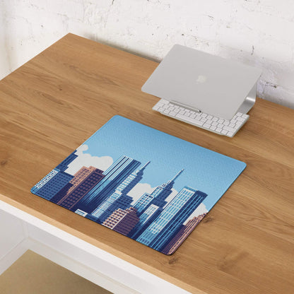 Blue City Skyline Gaming Pad - City Skyline Blue Gaming Desk Mouse Pad Minimalist Vector Calm Mood Urban Decor Print
