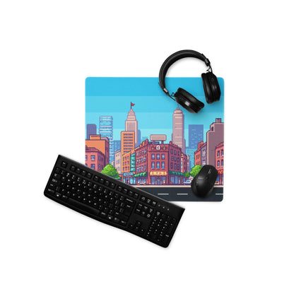 Pixel City Skyline Gaming Mouse Pad - City Skyline Blue Gaming Pixel Art Vibrant Urban Modern Large Desk Pad Non Slip