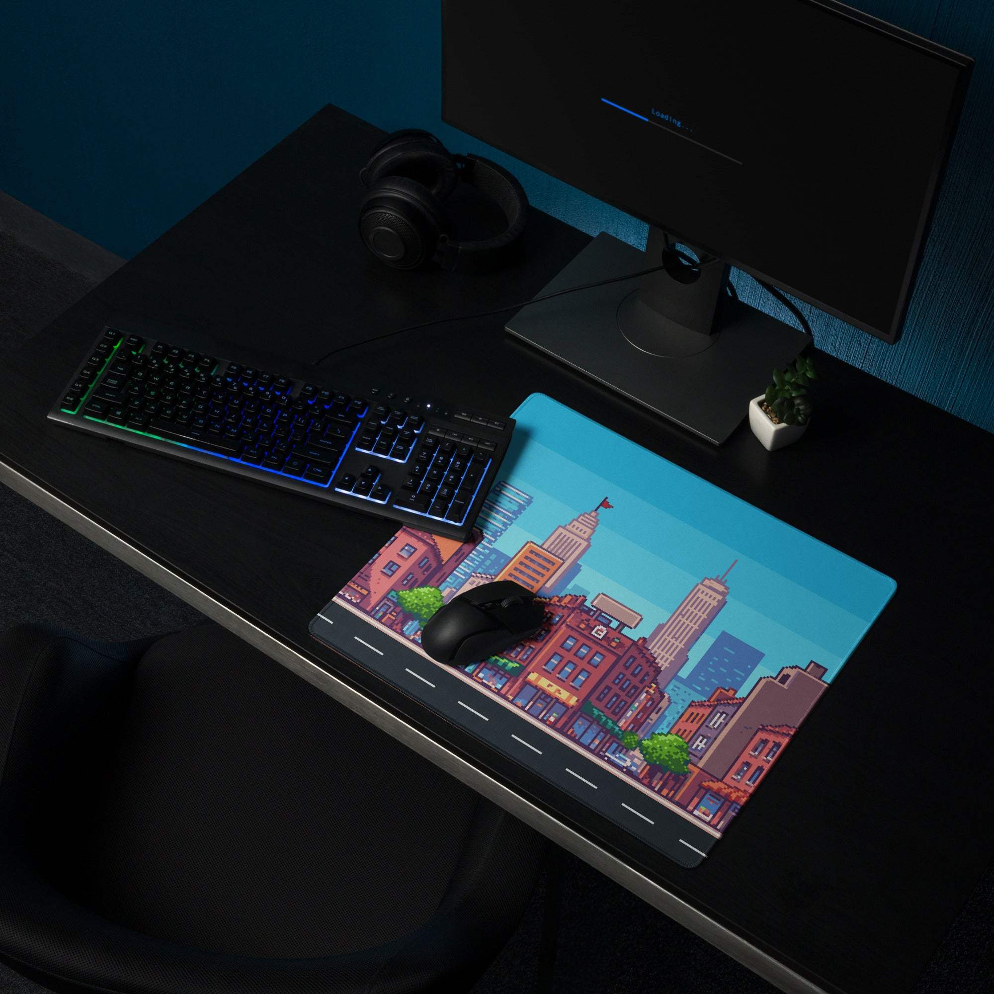 Pixel City Skyline Gaming Mouse Pad - City Skyline Blue Gaming Pixel Art Vibrant Urban Modern Large Desk Pad Non Slip