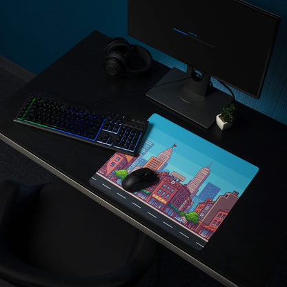 Pixel City Skyline Gaming Mouse Pad - City Skyline Blue Gaming Pixel Art Vibrant Urban Modern Large Desk Pad Non Slip
