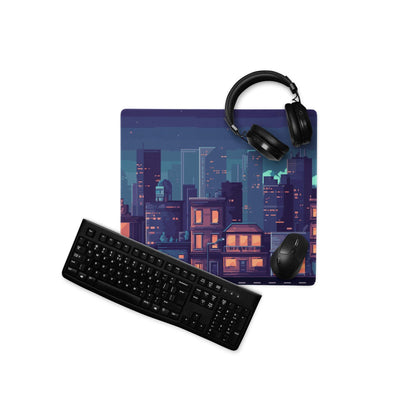 Night City Pixel Art Pad - Cityscape Mouse Pad Purple Blue Gradient Gaming Moody Neon Cyberpunk Urban Large Desk Mat