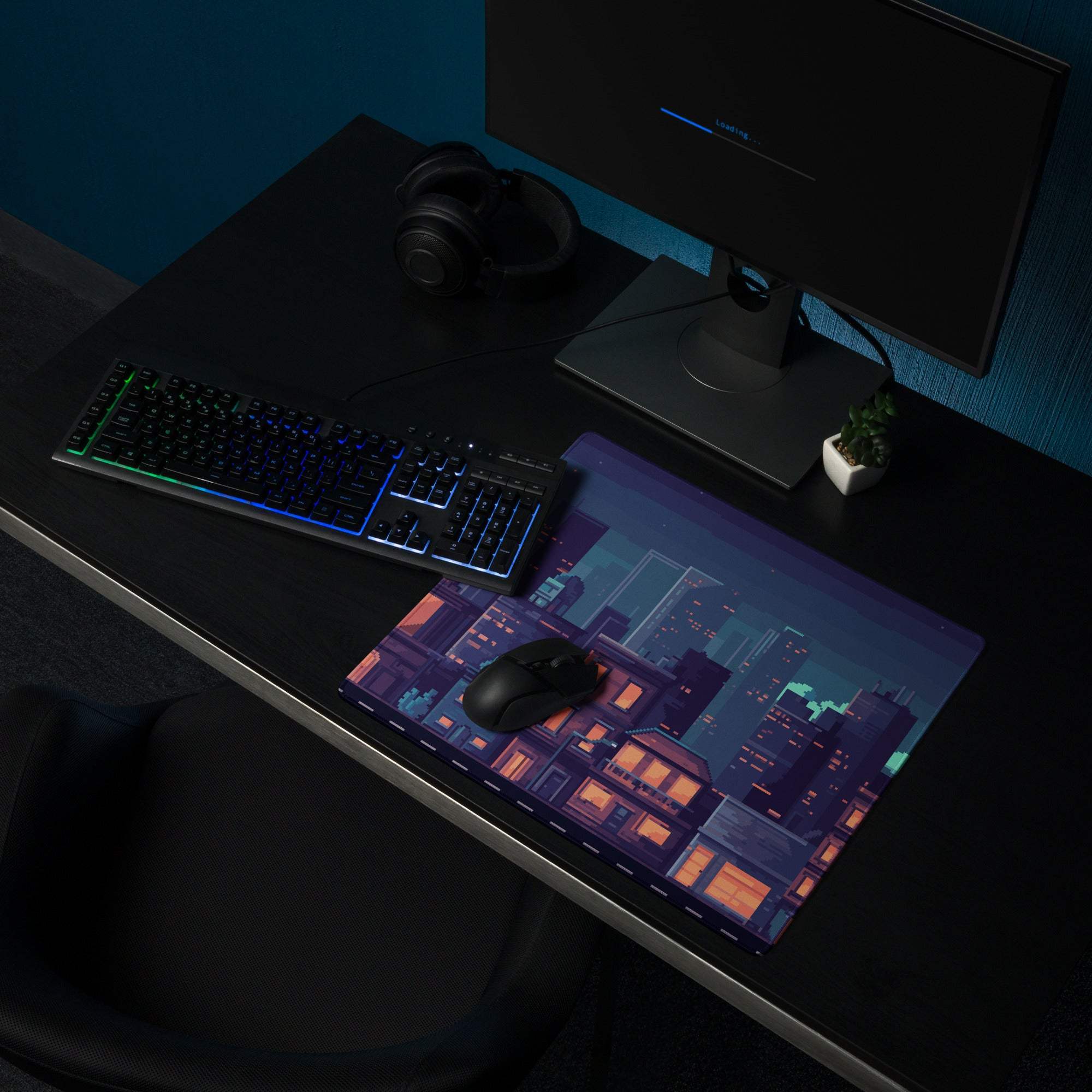 Night City Pixel Art Pad - Cityscape Mouse Pad Purple Blue Gradient Gaming Moody Neon Cyberpunk Urban Large Desk Mat