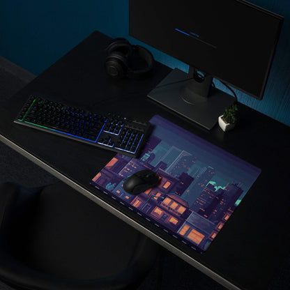 Night City Pixel Art Pad - Cityscape Mouse Pad Purple Blue Gradient Gaming Moody Neon Cyberpunk Urban Large Desk Mat