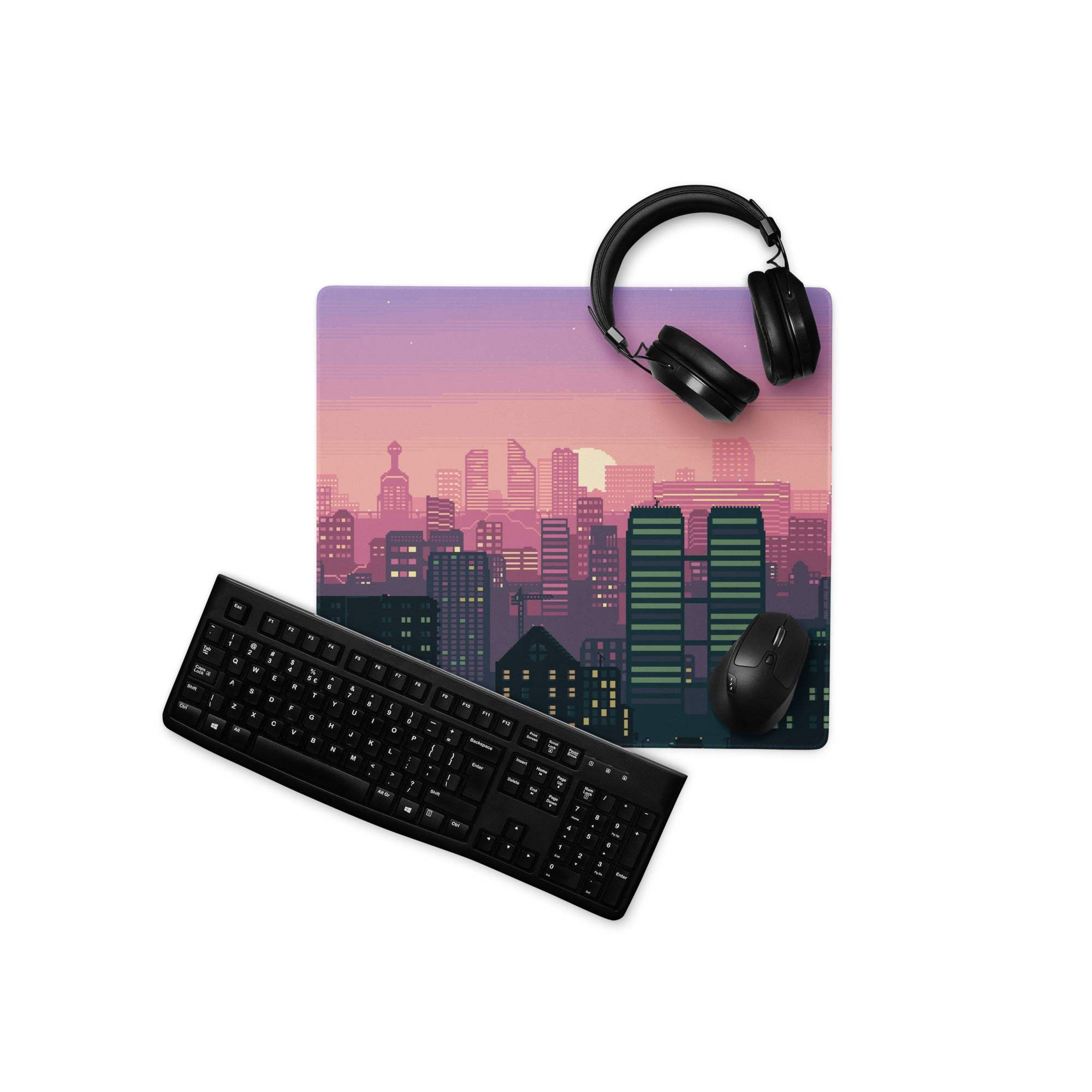 Aurora Cityscape Gaming Pad - Cityscape Pad Purple Pink Gradient Desk Pixel Art Sunset Mood Neon Futurism Digital Art