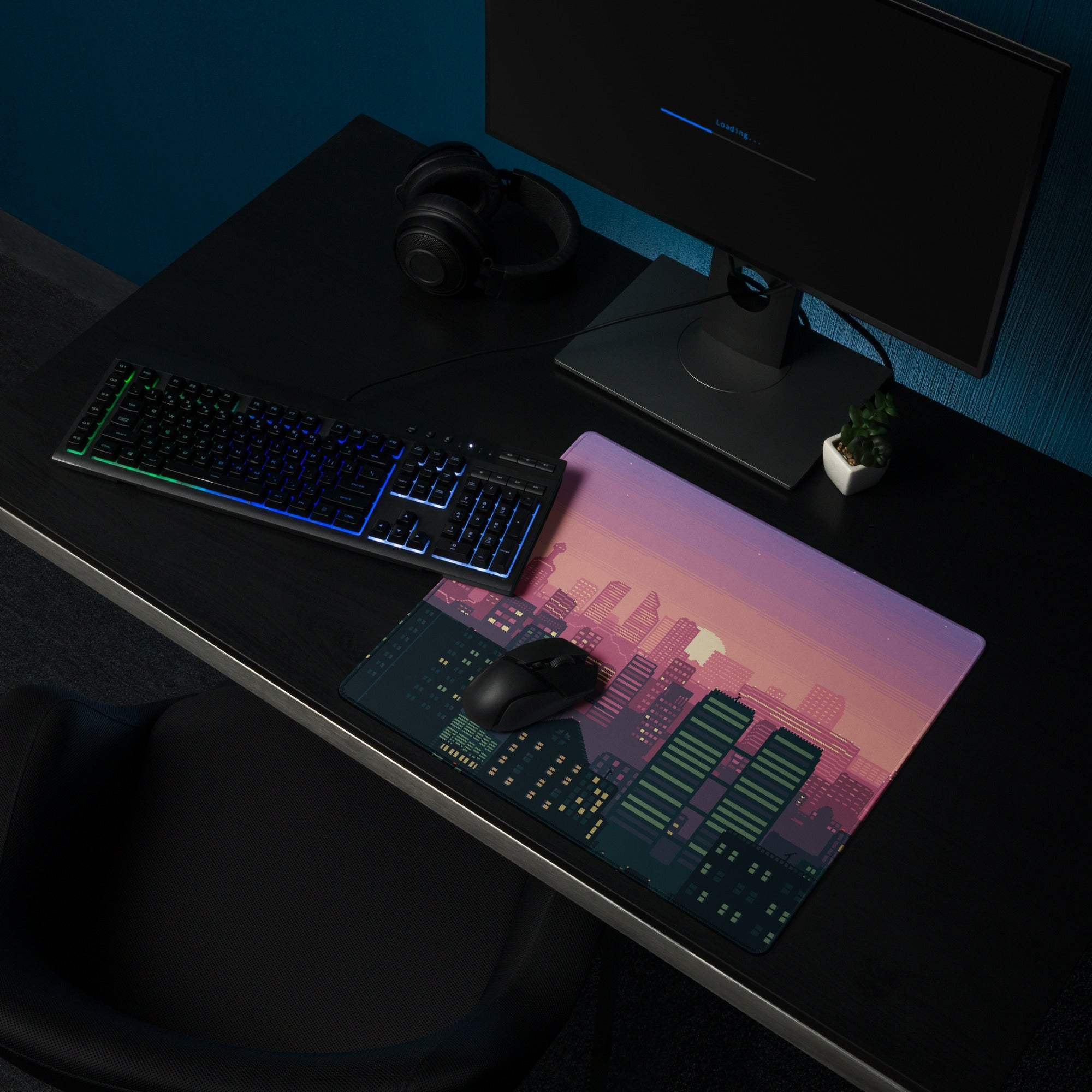Aurora Cityscape Gaming Pad - Cityscape Pad Purple Pink Gradient Desk Pixel Art Sunset Mood Neon Futurism Digital Art