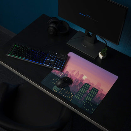 Aurora Cityscape Gaming Pad - Cityscape Pad Purple Pink Gradient Desk Pixel Art Sunset Mood Neon Futurism Digital Art