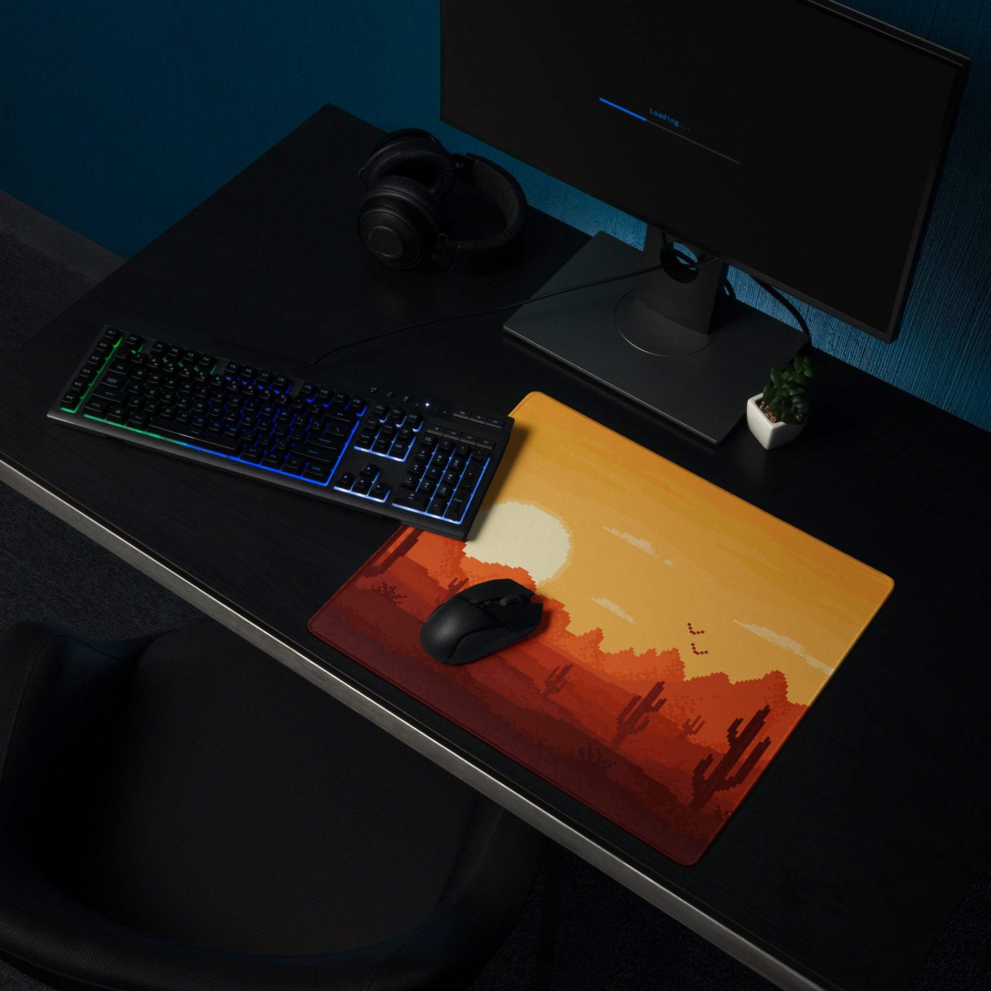 Pixel Desert Sunset Gaming Pad - Desert Sunset Orange Yellow Desktop Pixel Art Warm Retro Desert Landscape Desk Mat