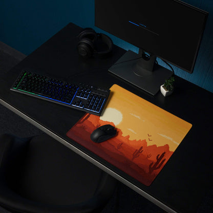 Pixel Desert Sunset Gaming Pad - Desert Sunset Orange Yellow Desktop Pixel Art Warm Retro Desert Landscape Desk Mat