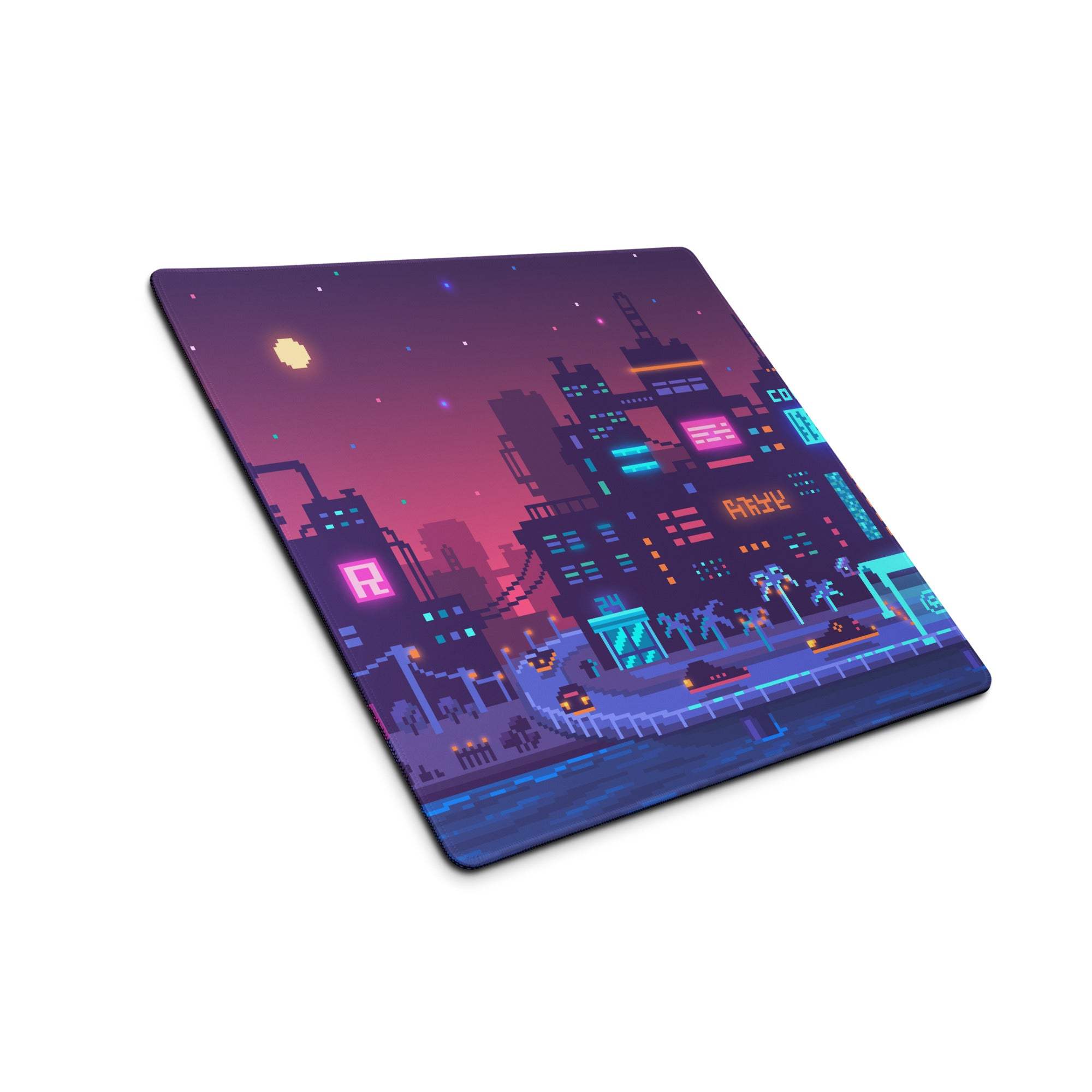 Neon City Pixel Mouse Pad - Gaming Mouse Pad Purple Blue Neon Desk Cyberpunk Vibrant Futuristic Neon Cityscape Pixel Art