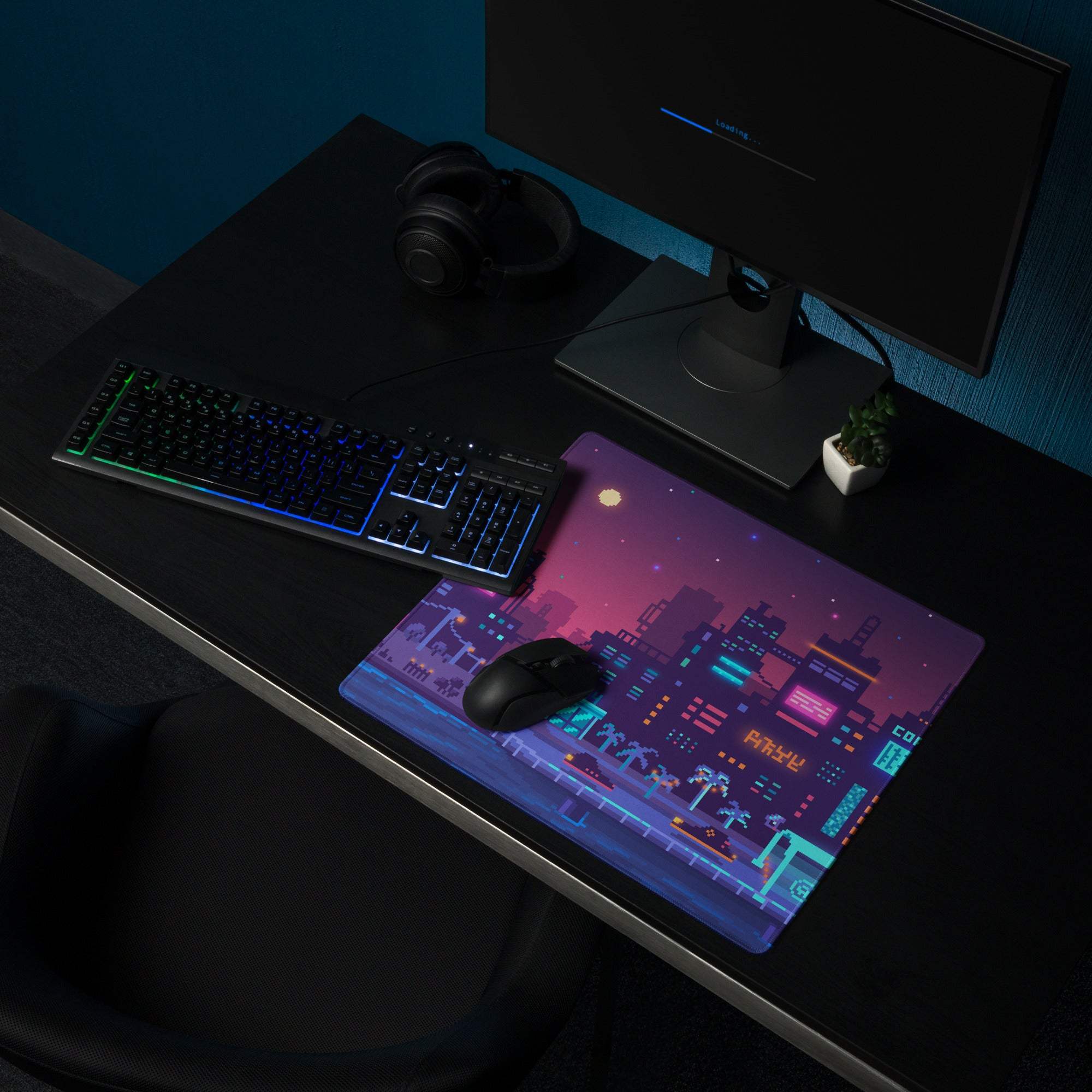Neon City Pixel Mouse Pad - Gaming Mouse Pad Purple Blue Neon Desk Cyberpunk Vibrant Futuristic Neon Cityscape Pixel Art