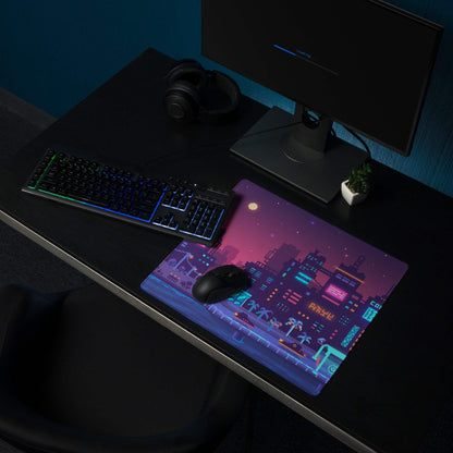 Neon City Pixel Mouse Pad - Gaming Mouse Pad Purple Blue Neon Desk Cyberpunk Vibrant Futuristic Neon Cityscape Pixel Art