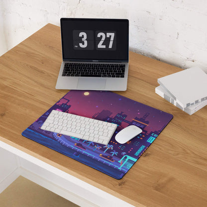 Neon City Pixel Mouse Pad - Gaming Mouse Pad Purple Blue Neon Desk Cyberpunk Vibrant Futuristic Neon Cityscape Pixel Art