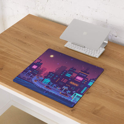 Neon City Pixel Mouse Pad - Gaming Mouse Pad Purple Blue Neon Desk Cyberpunk Vibrant Futuristic Neon Cityscape Pixel Art