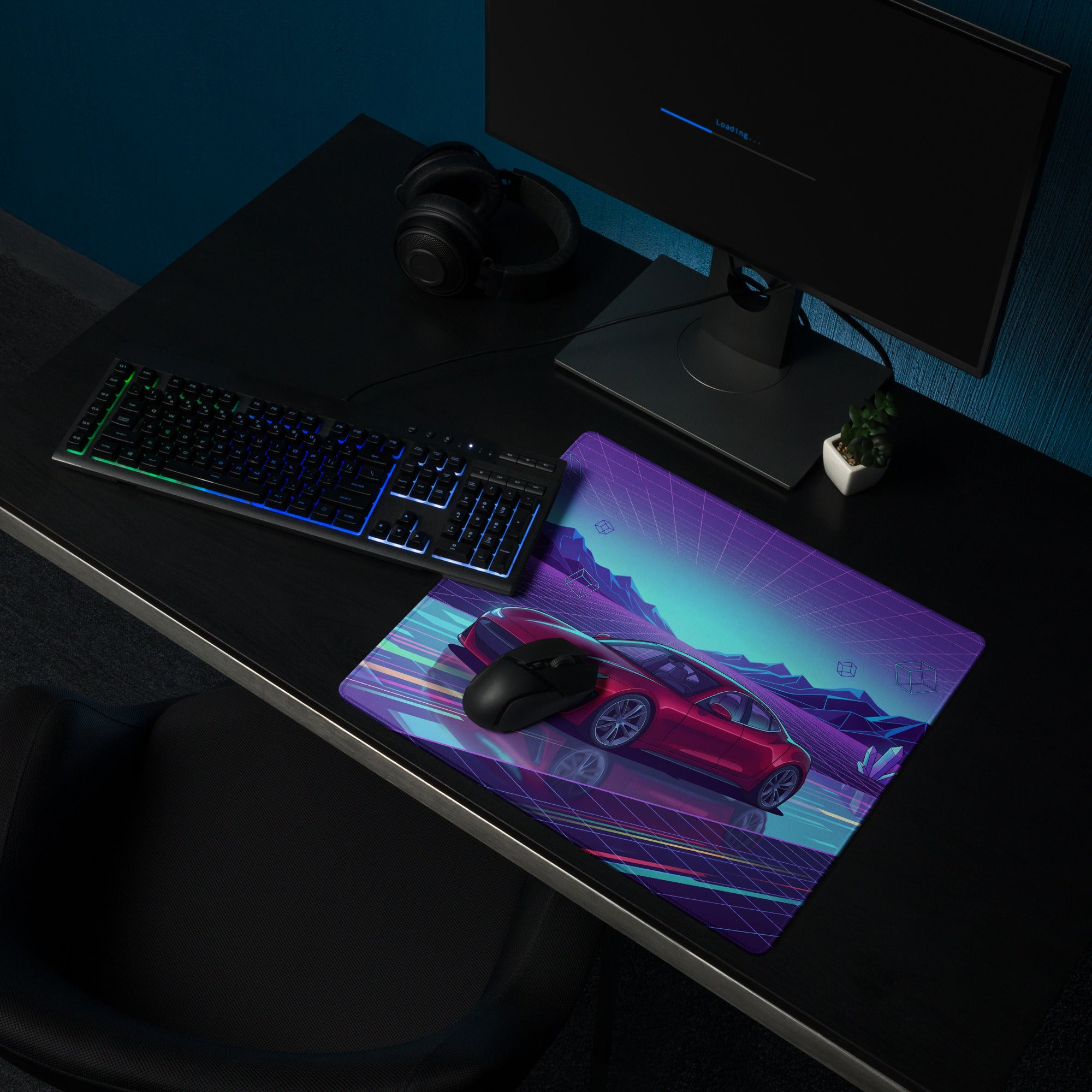 Vaporwave Neon Car Desk Mat - Vaporwave Mouse Pad Purple Blue Desk Retro - Dreamy Neon Mood Gaming Desk Gear Digital Art