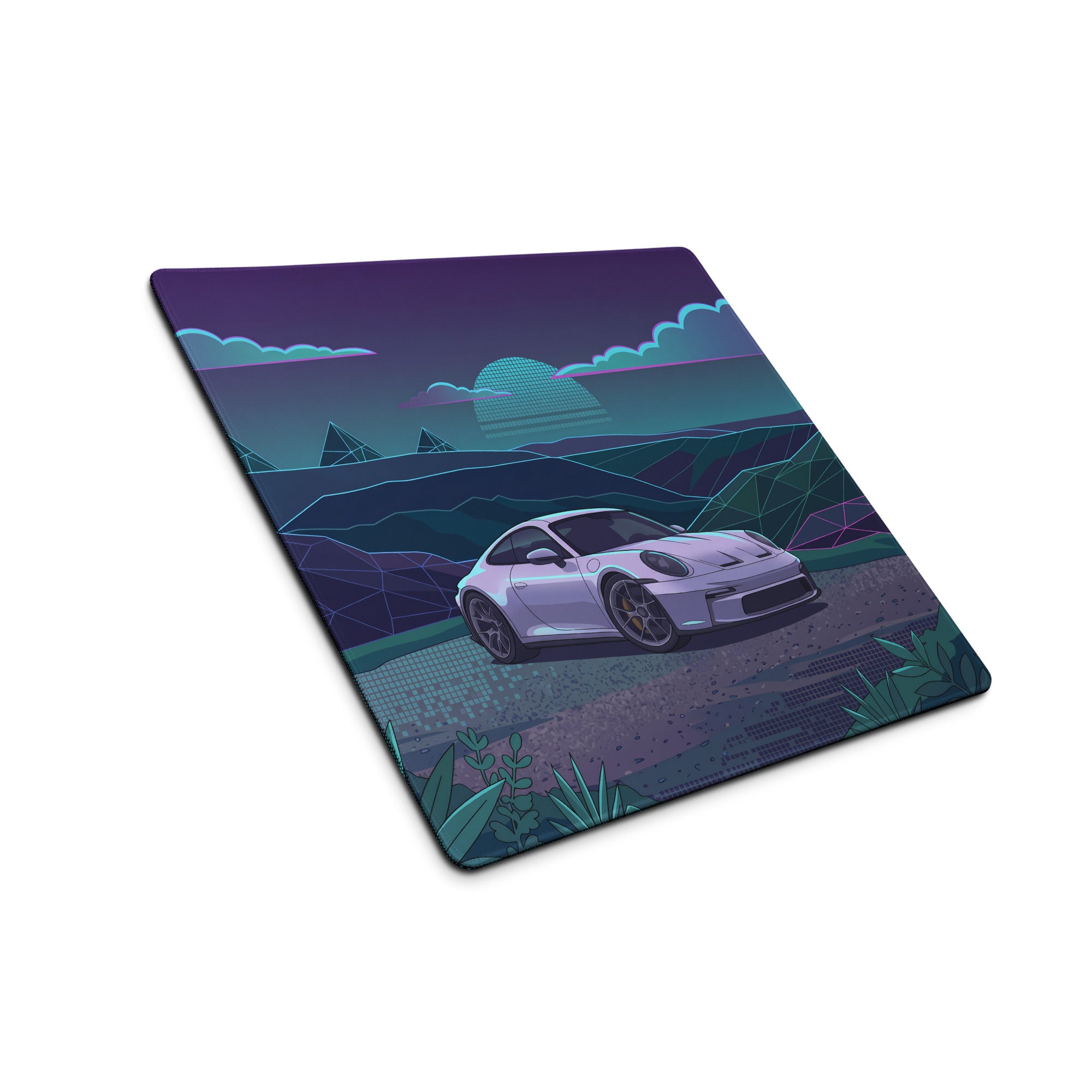 Porsche 911 GT3 Touring Inspired White Teal Vaporwave Gaming Mouse Pad, Retro Futuristic Sports Car Desk Mat with Neon Mountain Artwork