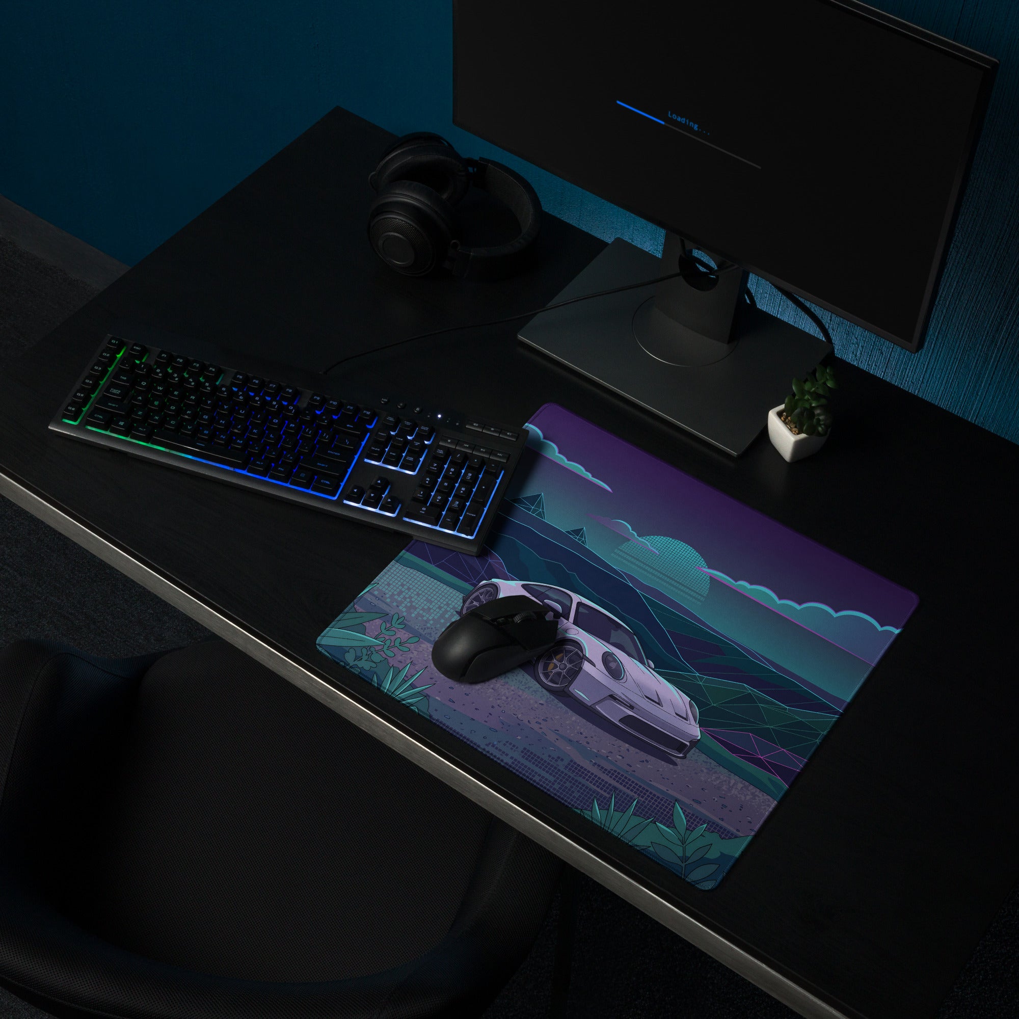 Porsche 911 GT3 Touring Inspired White Teal Vaporwave Gaming Mouse Pad, Retro Futuristic Sports Car Desk Mat with Neon Mountain Artwork