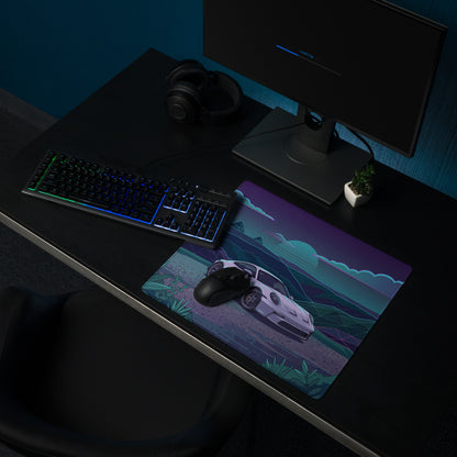 Porsche 911 GT3 Touring Inspired White Teal Vaporwave Gaming Mouse Pad, Retro Futuristic Sports Car Desk Mat with Neon Mountain Artwork
