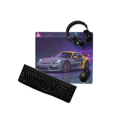 Porsche Cayman GT4 Inspired Gray Yellow Vaporwave Gaming Mouse Pad, Neon Sports Car Desk Mat with Retro Futuristic Garage Artwork