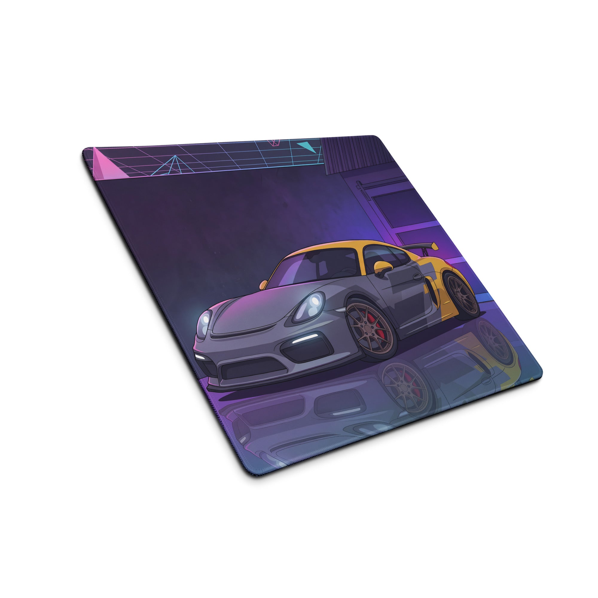 Porsche Cayman GT4 Inspired Gray Yellow Vaporwave Gaming Mouse Pad, Neon Sports Car Desk Mat with Retro Futuristic Garage Artwork