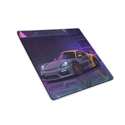 Porsche Cayman GT4 Inspired Gray Yellow Vaporwave Gaming Mouse Pad, Neon Sports Car Desk Mat with Retro Futuristic Garage Artwork