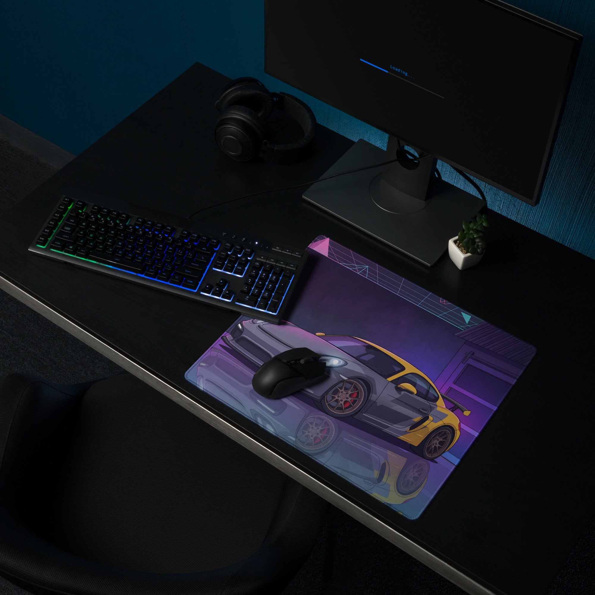 Porsche Cayman GT4 Inspired Gray Yellow Vaporwave Gaming Mouse Pad, Neon Sports Car Desk Mat with Retro Futuristic Garage Artwork