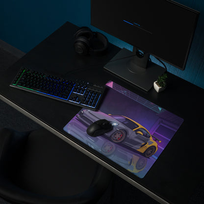 Porsche Cayman GT4 Inspired Gray Yellow Vaporwave Gaming Mouse Pad, Neon Sports Car Desk Mat with Retro Futuristic Garage Artwork