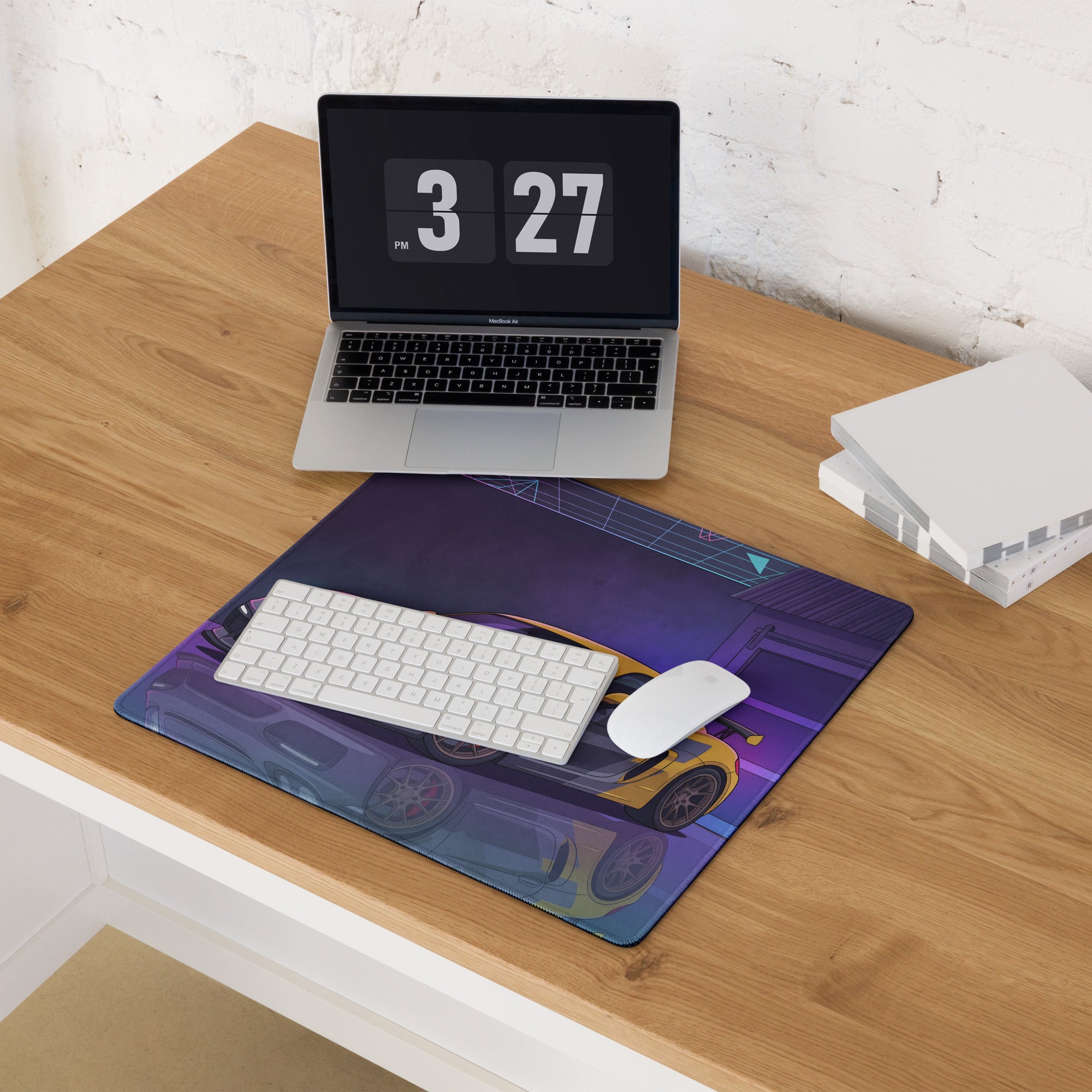 Porsche Cayman GT4 Inspired Gray Yellow Vaporwave Gaming Mouse Pad, Neon Sports Car Desk Mat with Retro Futuristic Garage Artwork