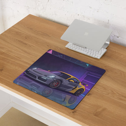 Porsche Cayman GT4 Inspired Gray Yellow Vaporwave Gaming Mouse Pad, Neon Sports Car Desk Mat with Retro Futuristic Garage Artwork