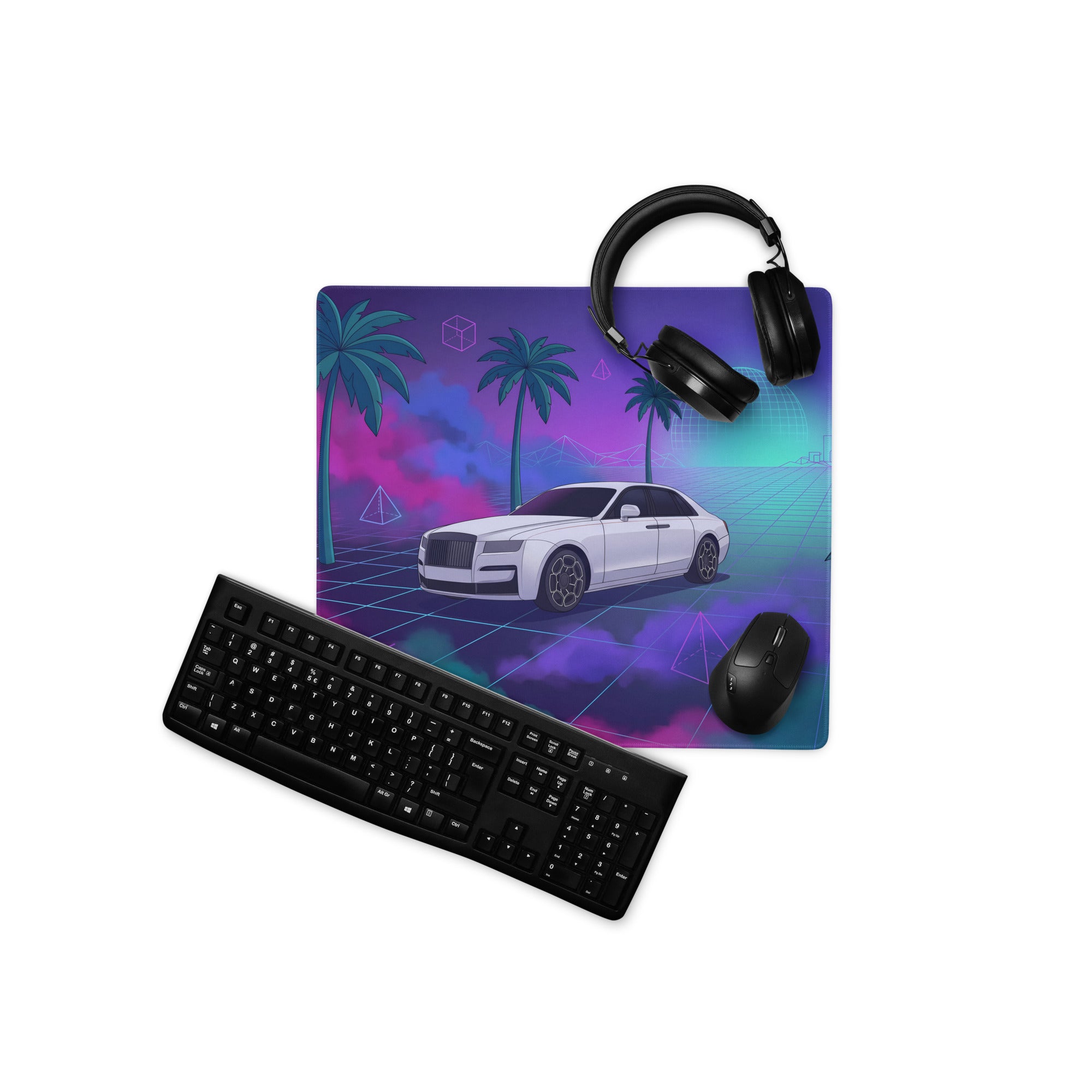 Rolls-Royce Ghost Inspired White Purple Vaporwave Gaming Mouse Pad, Neon Luxury Car Desk Mat with Retro Futuristic Palm Tree Artwork