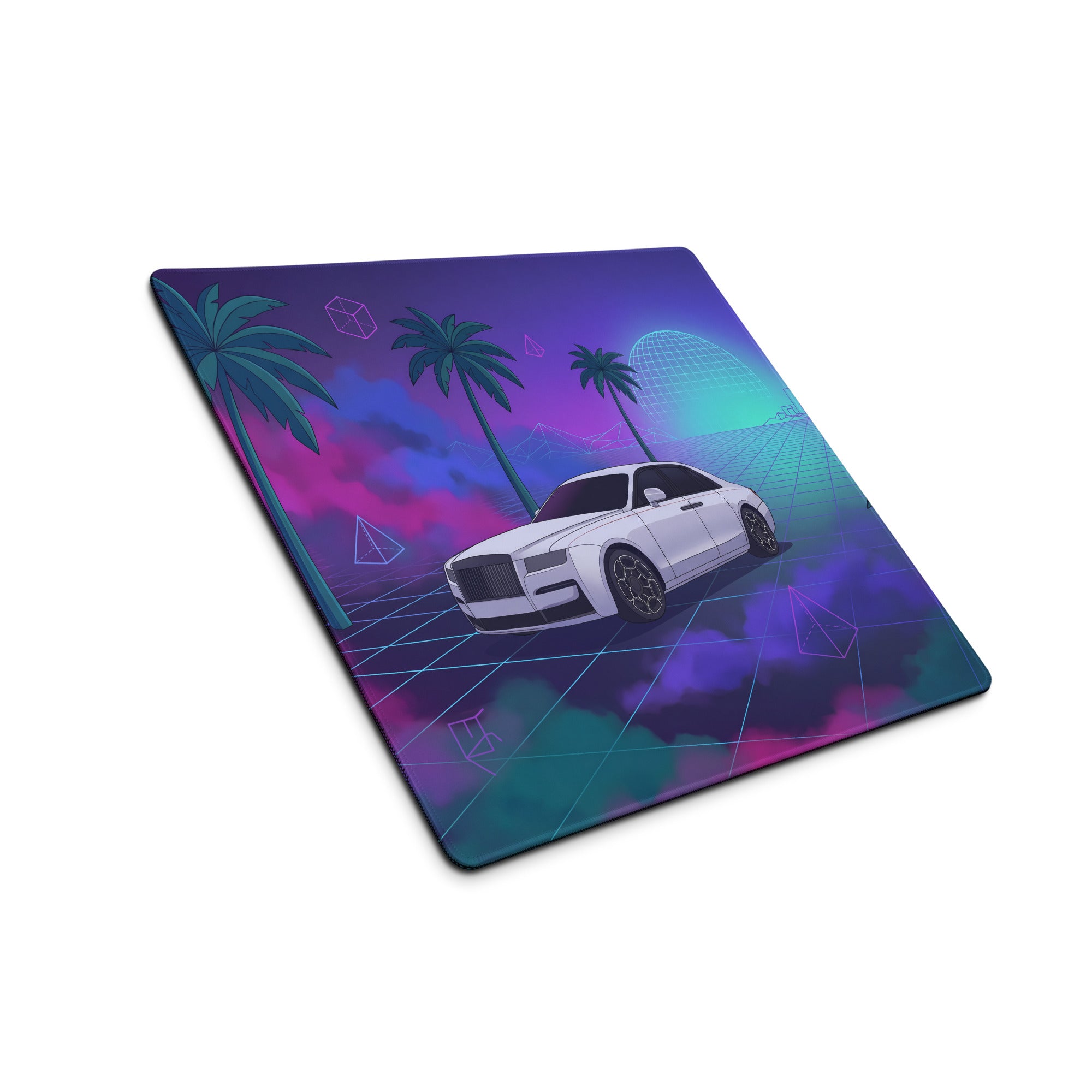 Rolls-Royce Ghost Inspired White Purple Vaporwave Gaming Mouse Pad, Neon Luxury Car Desk Mat with Retro Futuristic Palm Tree Artwork