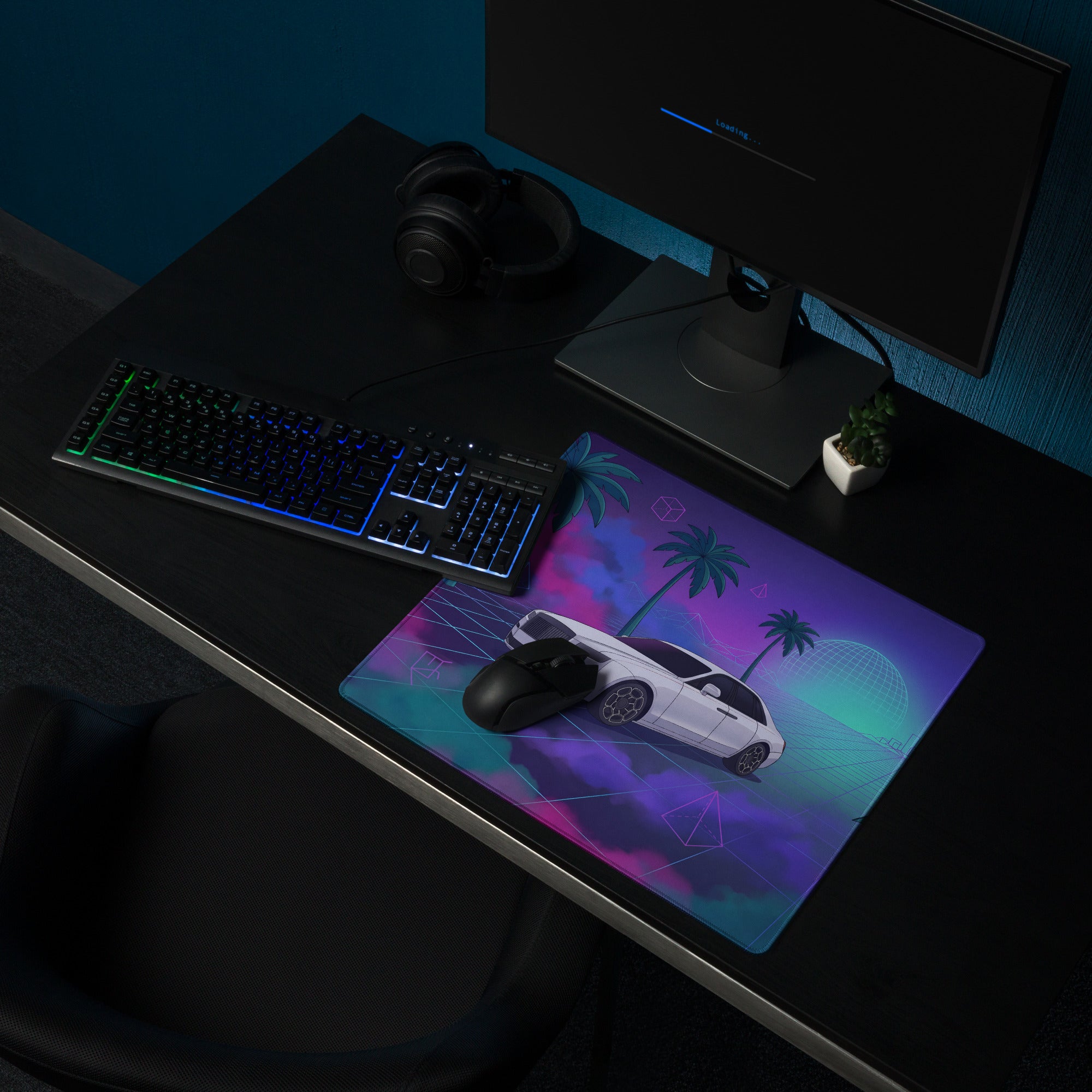 Rolls-Royce Ghost Inspired White Purple Vaporwave Gaming Mouse Pad, Neon Luxury Car Desk Mat with Retro Futuristic Palm Tree Artwork