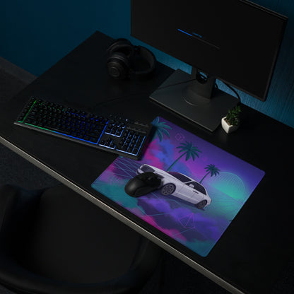 Rolls-Royce Ghost Inspired White Purple Vaporwave Gaming Mouse Pad, Neon Luxury Car Desk Mat with Retro Futuristic Palm Tree Artwork