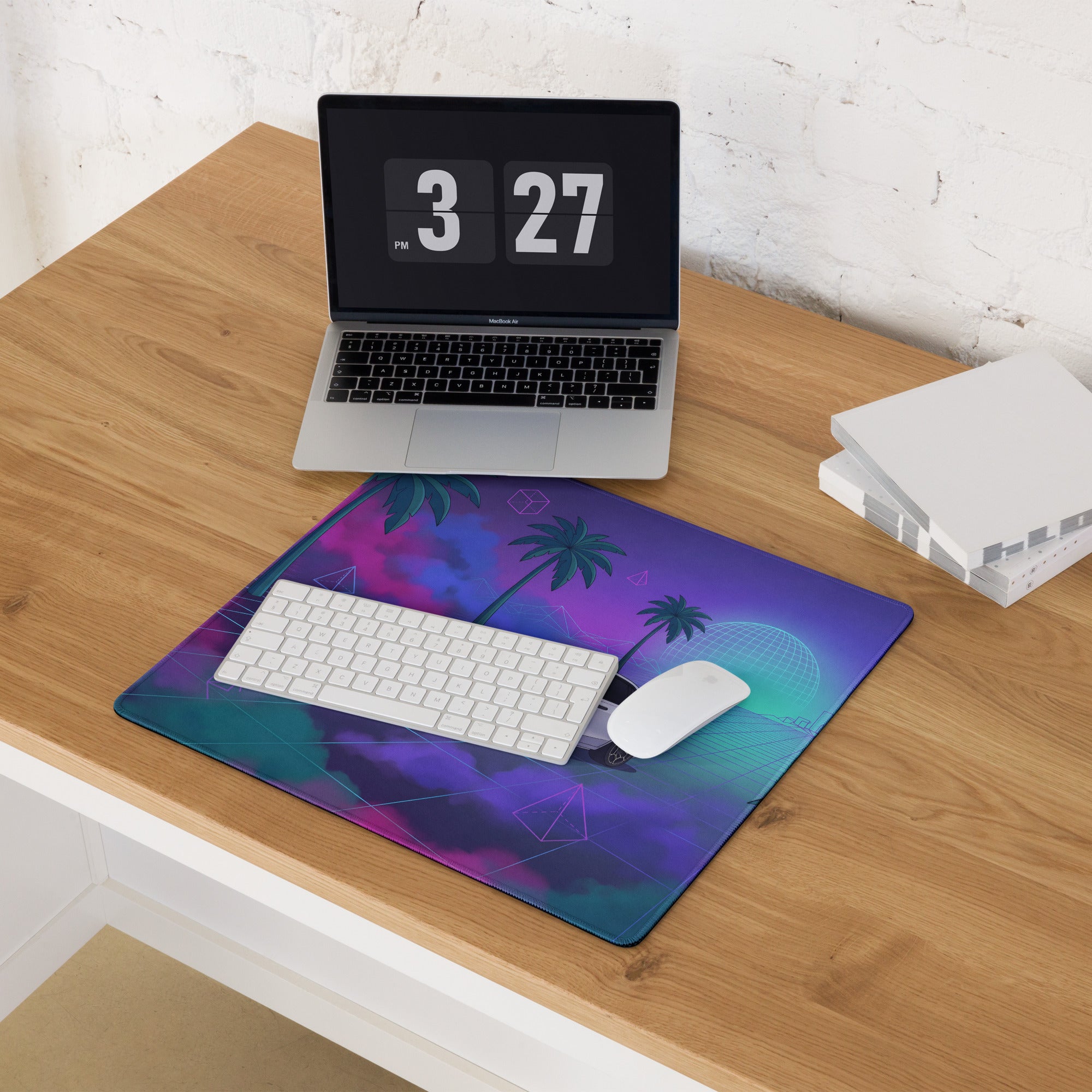 Rolls-Royce Ghost Inspired White Purple Vaporwave Gaming Mouse Pad, Neon Luxury Car Desk Mat with Retro Futuristic Palm Tree Artwork