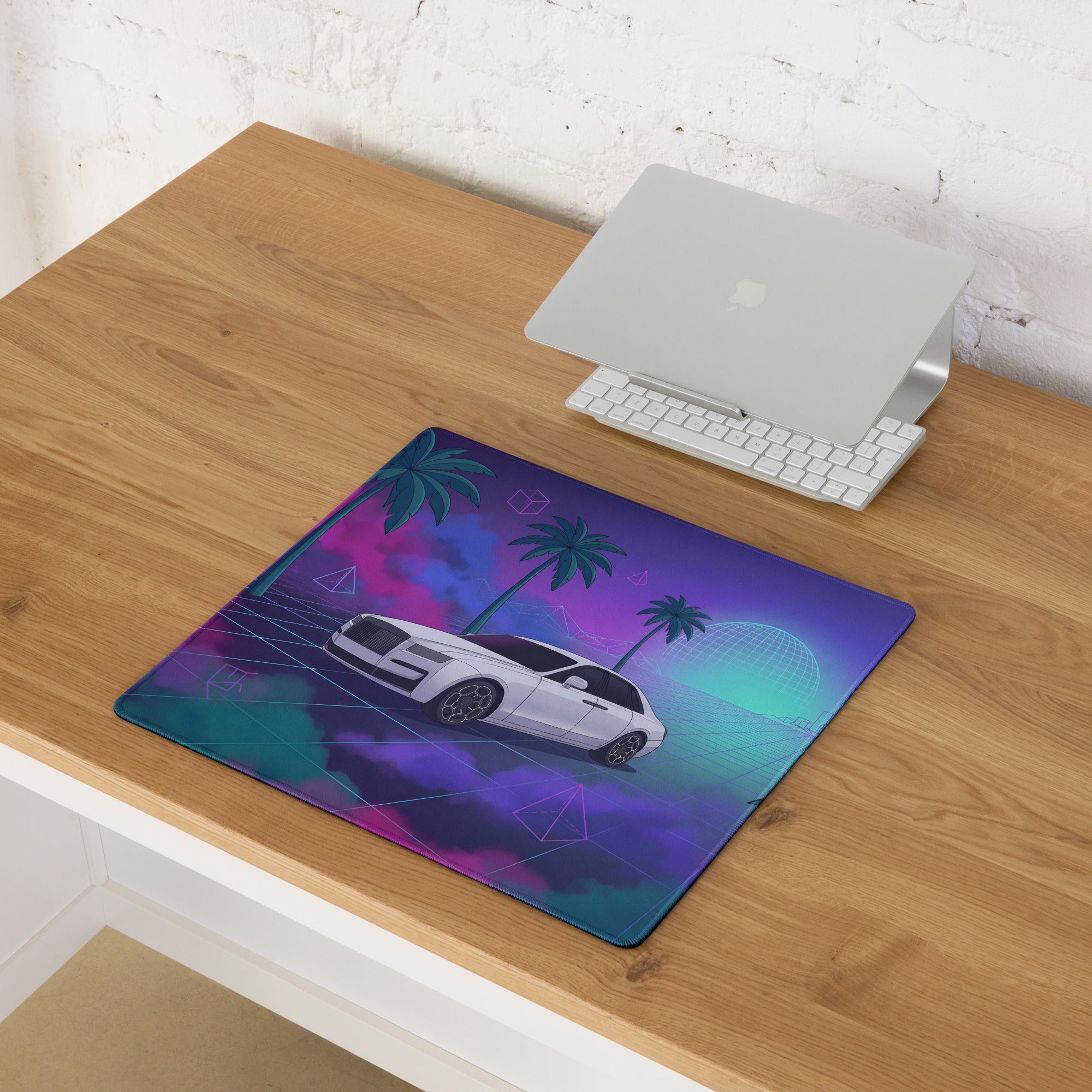 Rolls-Royce Ghost Inspired White Purple Vaporwave Gaming Mouse Pad, Neon Luxury Car Desk Mat with Retro Futuristic Palm Tree Artwork