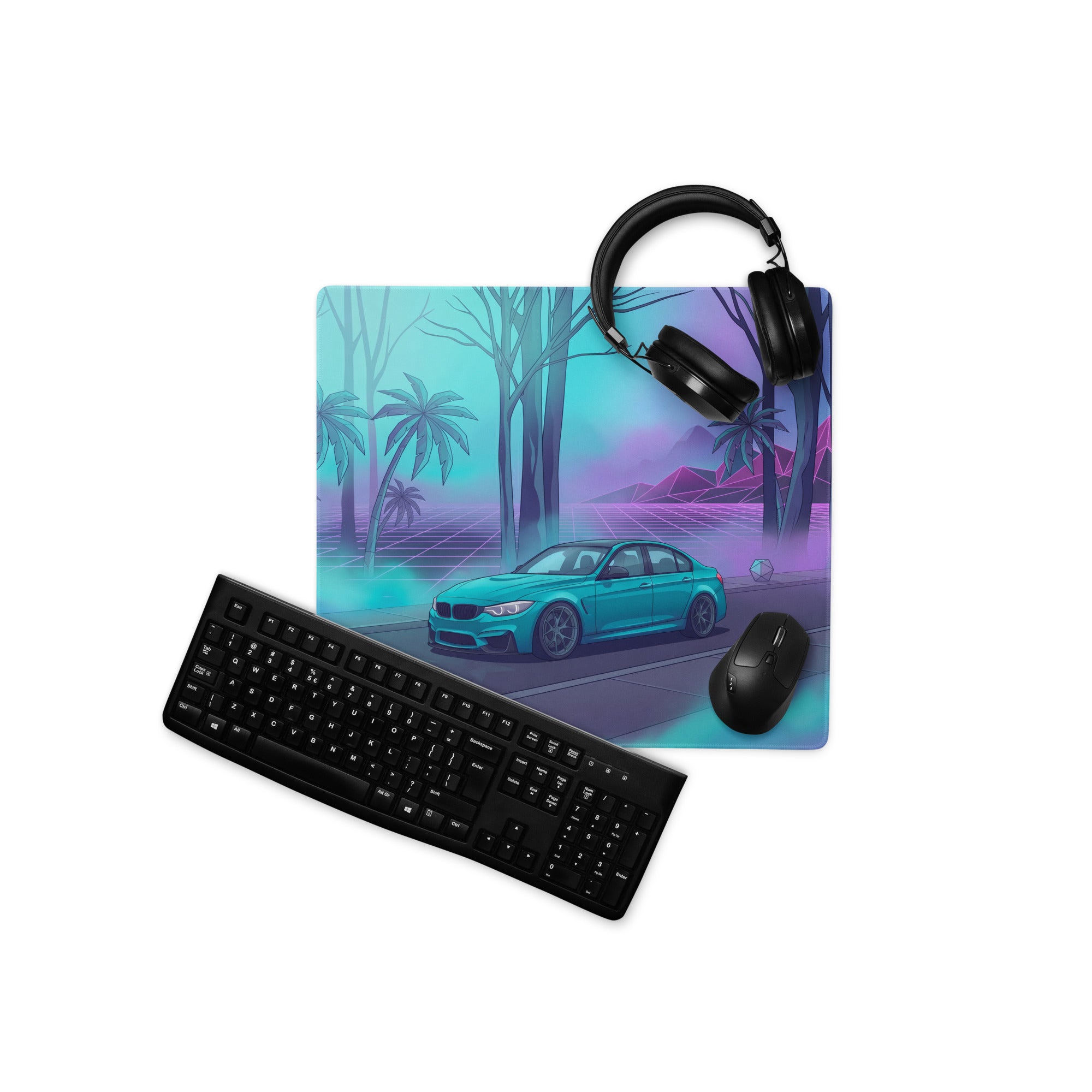 BMW M3 F80 Inspired Teal Purple Vaporwave Gaming Mouse Pad, Neon Sports Sedan Desk Mat with Retro Futuristic Palm Tree Artwork