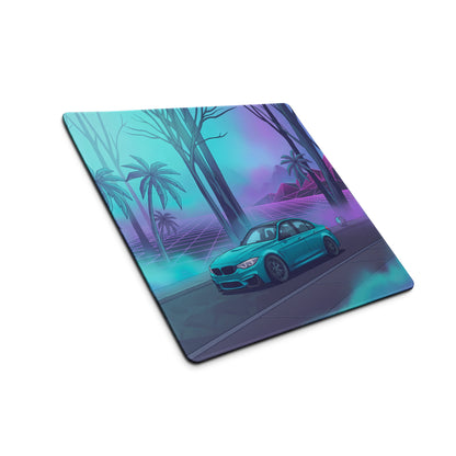 BMW M3 F80 Inspired Teal Purple Vaporwave Gaming Mouse Pad, Neon Sports Sedan Desk Mat with Retro Futuristic Palm Tree Artwork