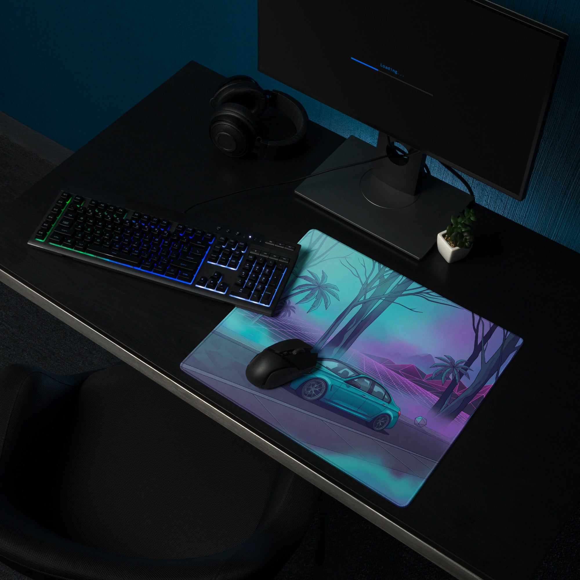 BMW M3 F80 Inspired Teal Purple Vaporwave Gaming Mouse Pad, Neon Sports Sedan Desk Mat with Retro Futuristic Palm Tree Artwork