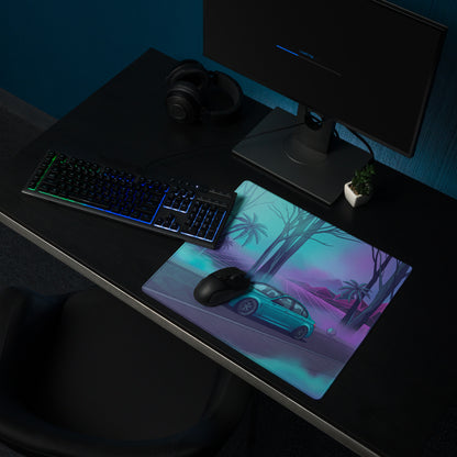 BMW M3 F80 Inspired Teal Purple Vaporwave Gaming Mouse Pad, Neon Sports Sedan Desk Mat with Retro Futuristic Palm Tree Artwork