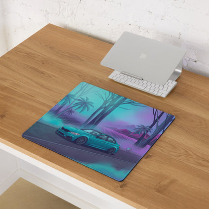 BMW M3 F80 Inspired Teal Purple Vaporwave Gaming Mouse Pad, Neon Sports Sedan Desk Mat with Retro Futuristic Palm Tree Artwork