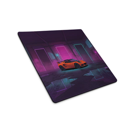 Lotus Elise Inspired Orange Purple Vaporwave Gaming Mouse Pad, Neon Retro Sports Car Desk Mat with Cyberpunk Garage Artwork